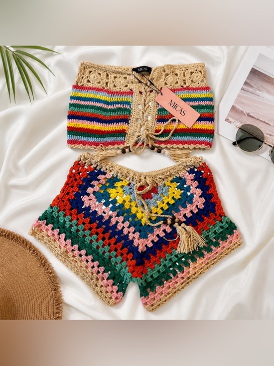 Micas Tops - Micas NWT Multicolor Crochet Set Boho Festival Lace Up Top & Shorts Size M